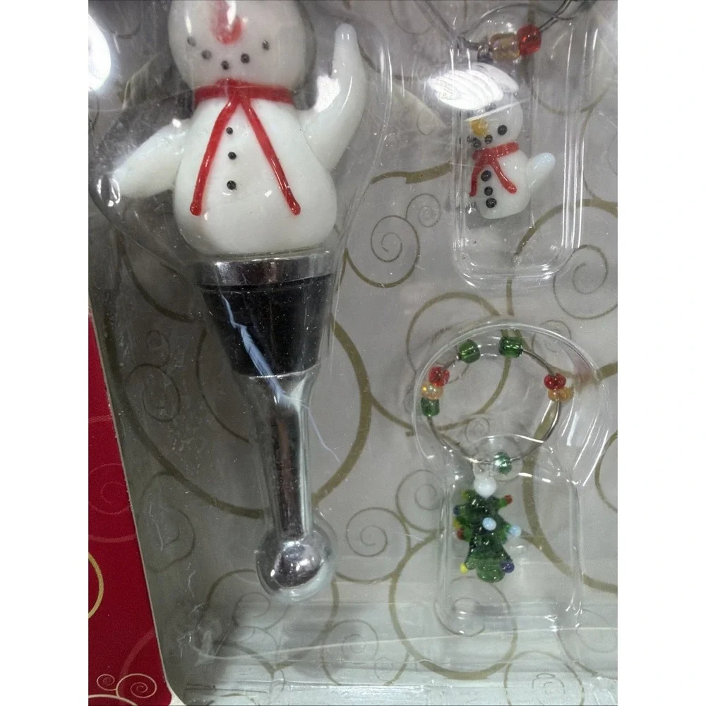 Festive Christmas Snowman Wine Bottle Stopper & 4 Wine Glass Charms Set